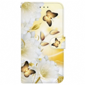 Folio-hoesje Motorola Edge 50 Fusion Gouden Vlinders En Witte Bloemen Met Riem