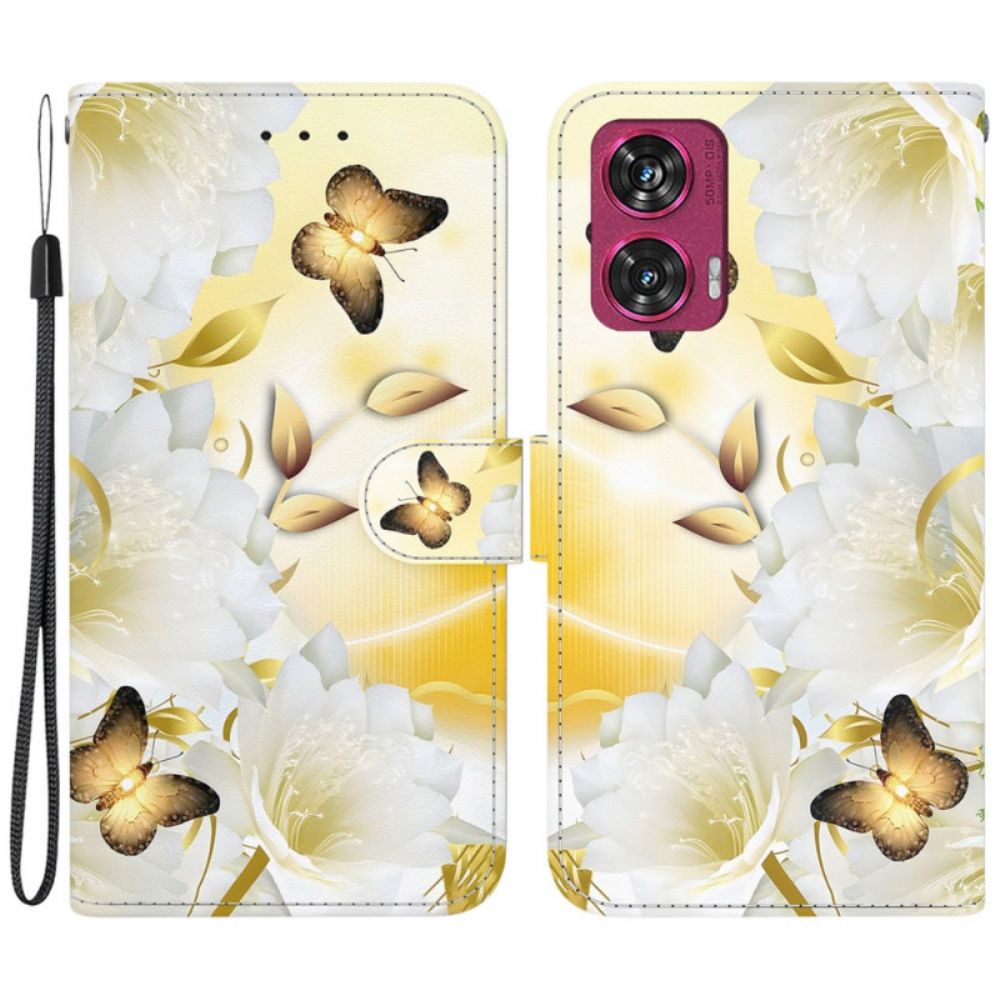 Folio-hoesje Motorola Edge 50 Fusion Gouden Vlinders En Witte Bloemen Met Riem