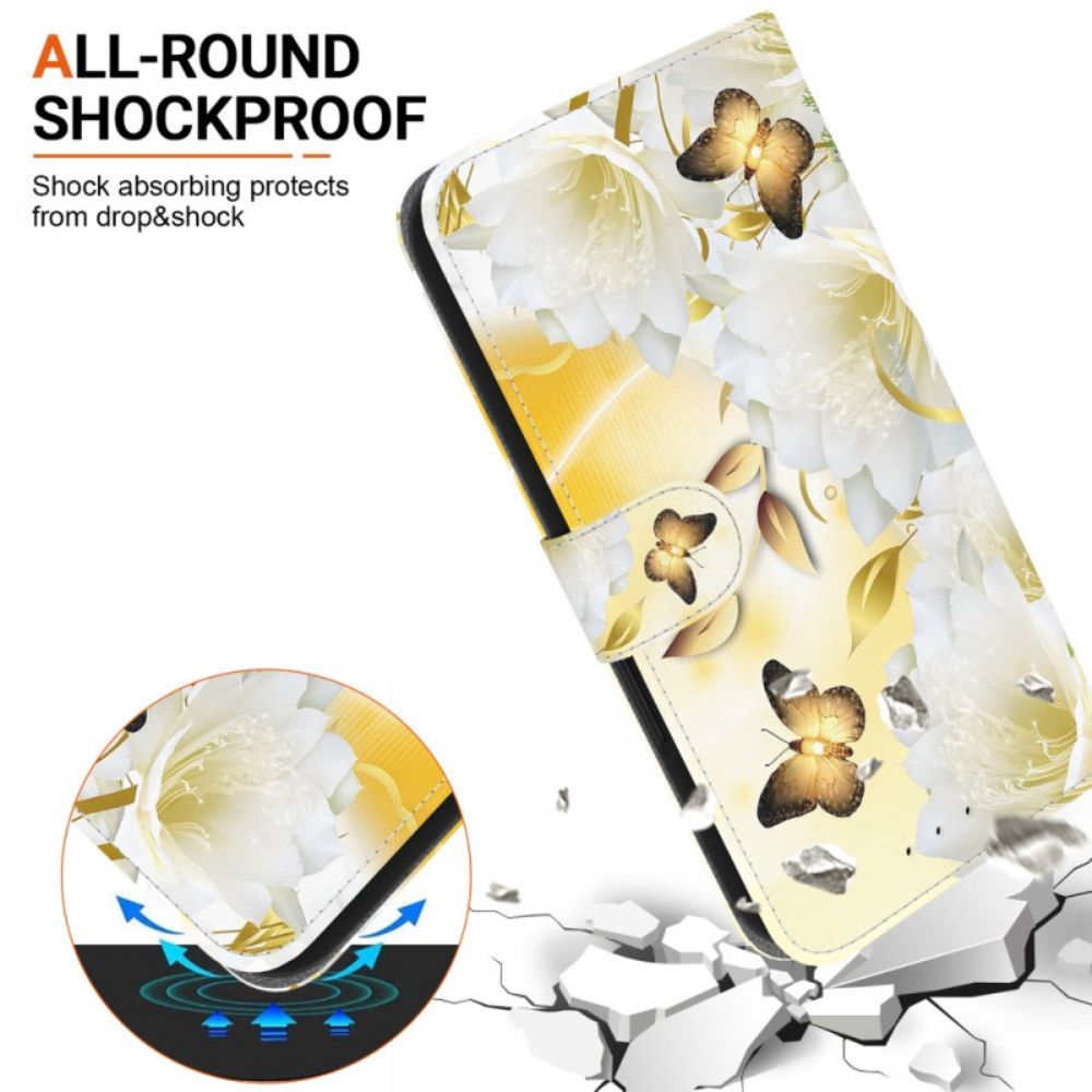 Folio-hoesje Motorola Edge 50 Fusion Gouden Vlinders En Witte Bloemen Met Riem