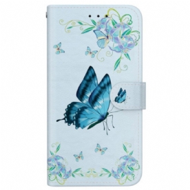 Folio-hoesje Motorola Edge 50 Fusion Telefoonhoesje Blauwe Vlinder En Bloemen Met Riempje