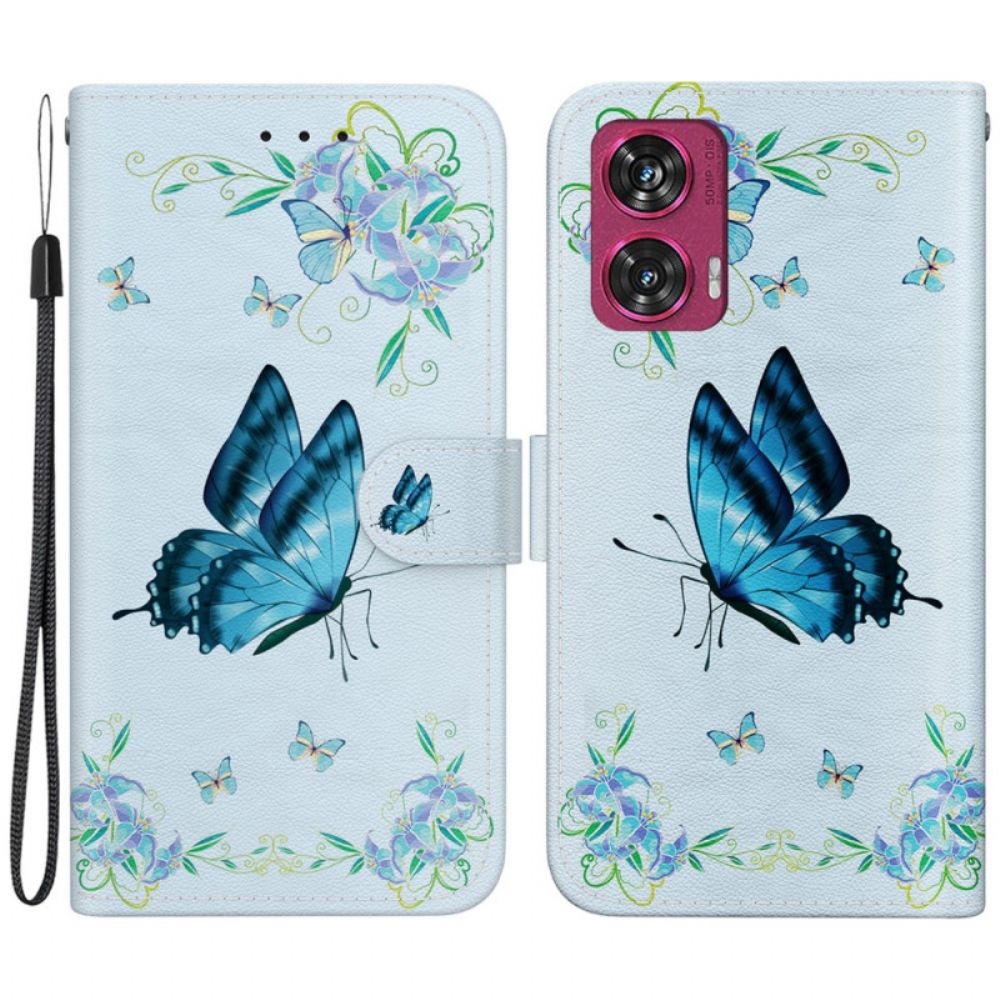 Folio-hoesje Motorola Edge 50 Fusion Telefoonhoesje Blauwe Vlinder En Bloemen Met Riempje