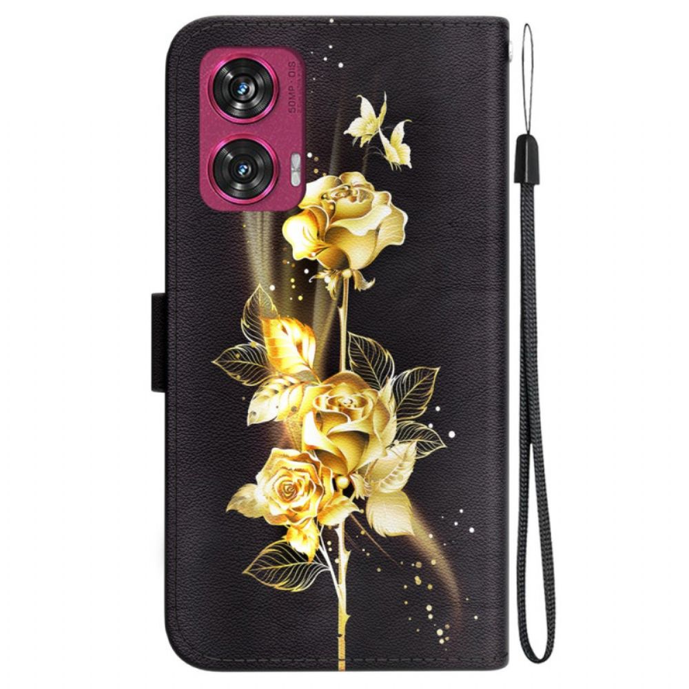 Leren Hoesje Motorola Edge 50 Fusion Gouden En Roze Vlinders Met Riem Bescherming Hoesje