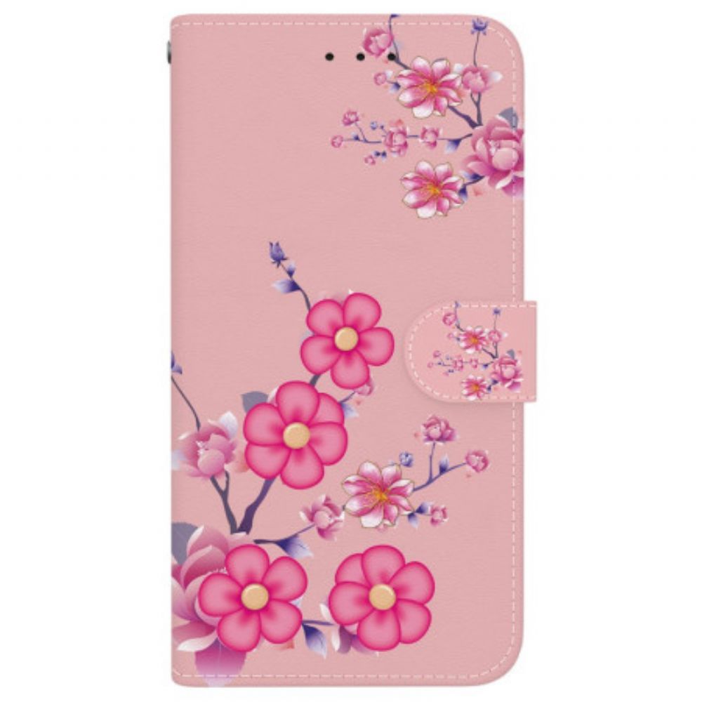 Leren Hoesje Motorola Edge 50 Fusion Sakura-patroon Met Riem Bescherming Hoesje