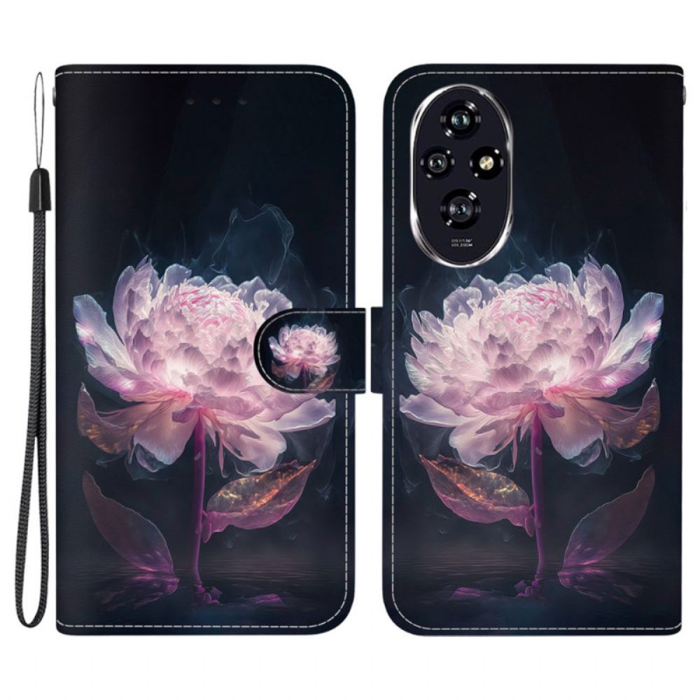 Flip Case Leren Honor 200 Paarse Pioen Met Riem