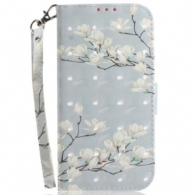 Leren Hoesje Honor 200 Magnoliapatroon Met Riem Bescherming Hoesje