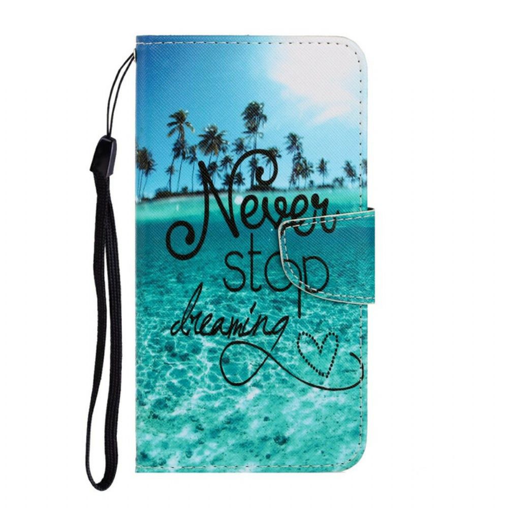 Flip Case voor iPhone 13 Met Ketting Nooit Stoppen Met Dromen Marineblauwe Strappy