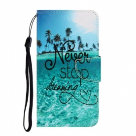 Flip Case voor iPhone 13 Met Ketting Nooit Stoppen Met Dromen Marineblauwe Strappy