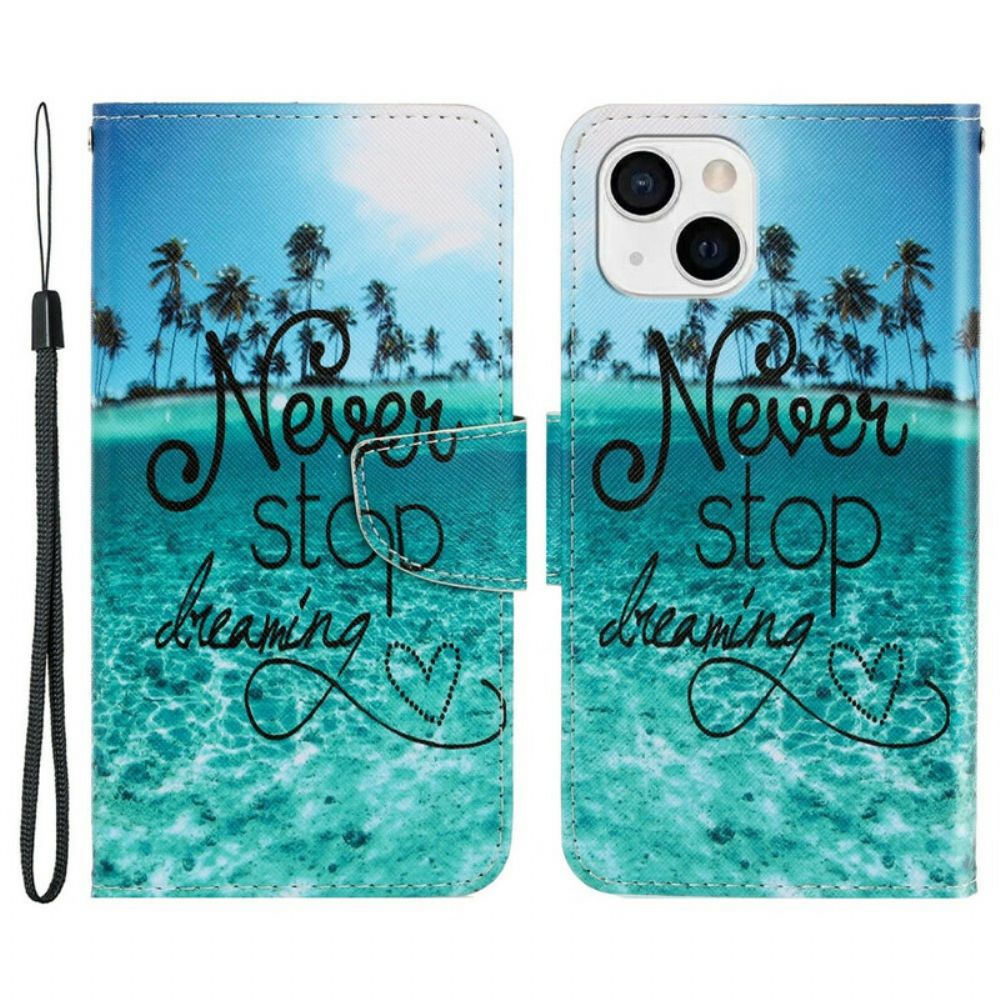 Flip Case voor iPhone 13 Met Ketting Nooit Stoppen Met Dromen Marineblauwe Strappy