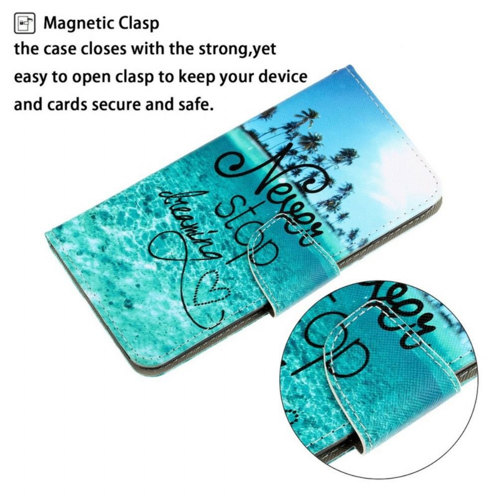 Flip Case voor iPhone 13 Met Ketting Nooit Stoppen Met Dromen Marineblauwe Strappy