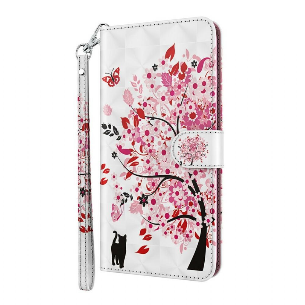 Flip Case voor iPhone 13 Roze Boom En Zwarte Kat