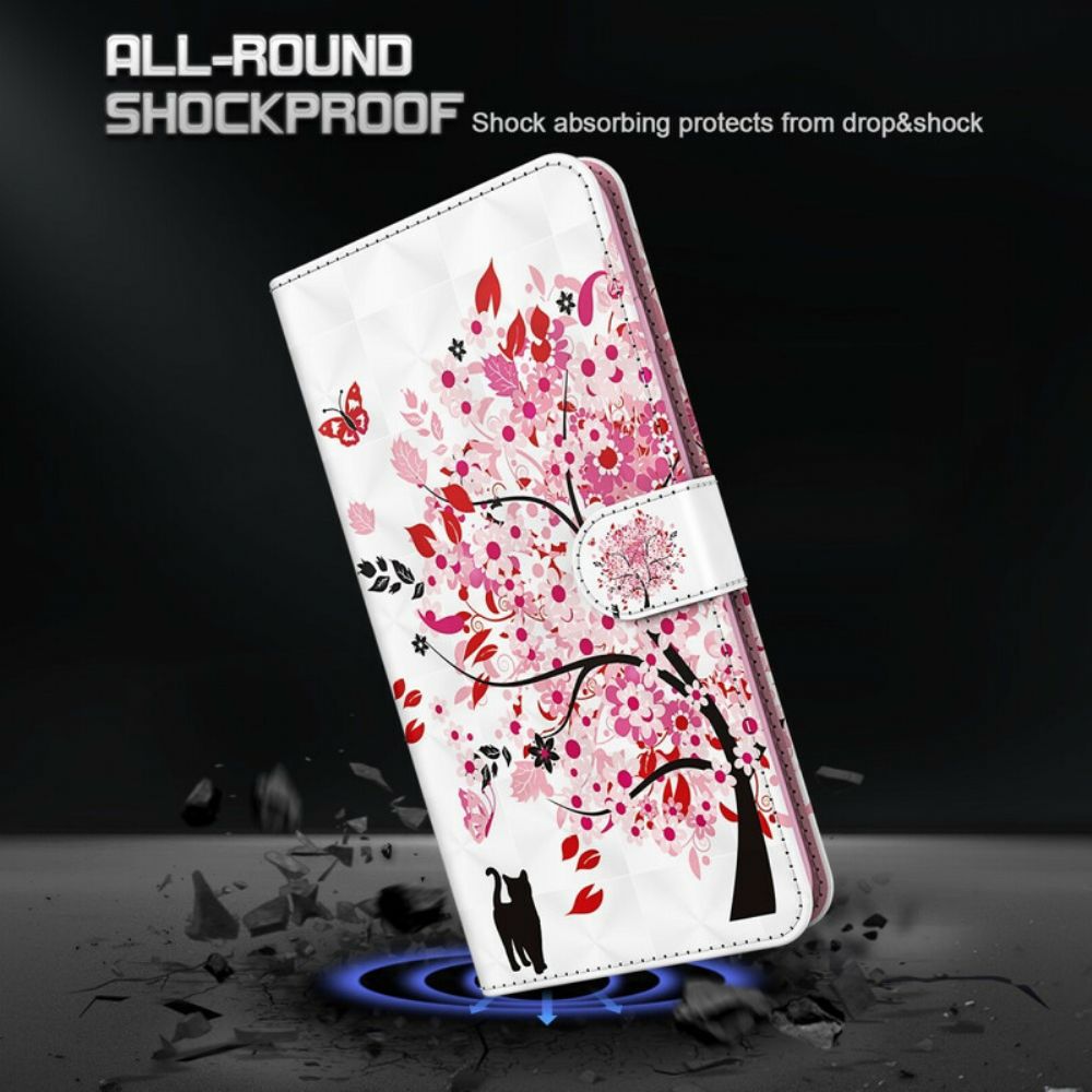 Flip Case voor iPhone 13 Roze Boom En Zwarte Kat