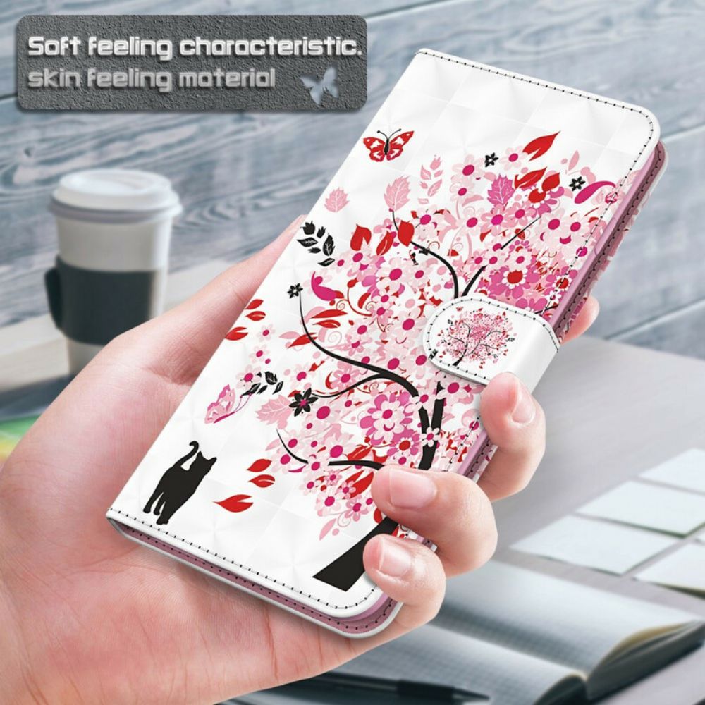 Flip Case voor iPhone 13 Roze Boom En Zwarte Kat