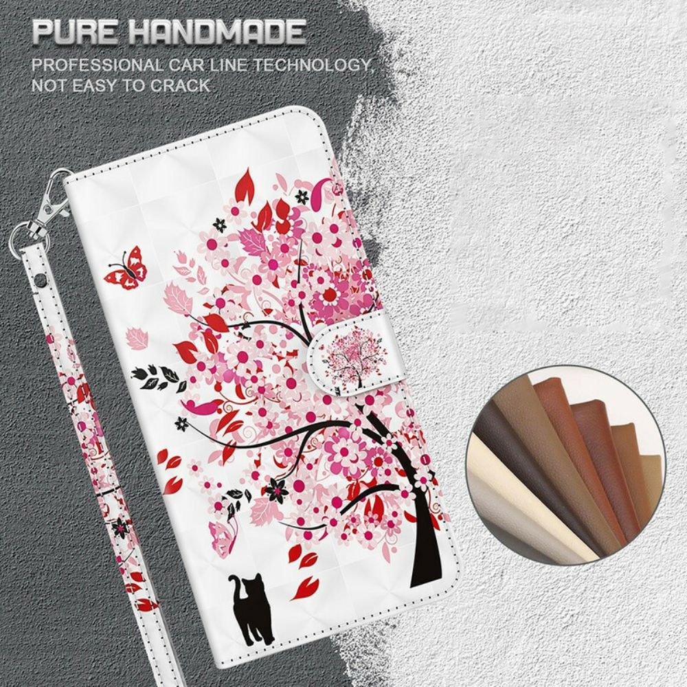 Flip Case voor iPhone 13 Roze Boom En Zwarte Kat