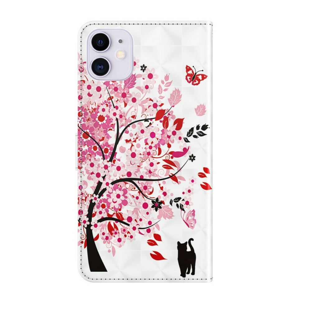 Flip Case voor iPhone 13 Roze Boom En Zwarte Kat