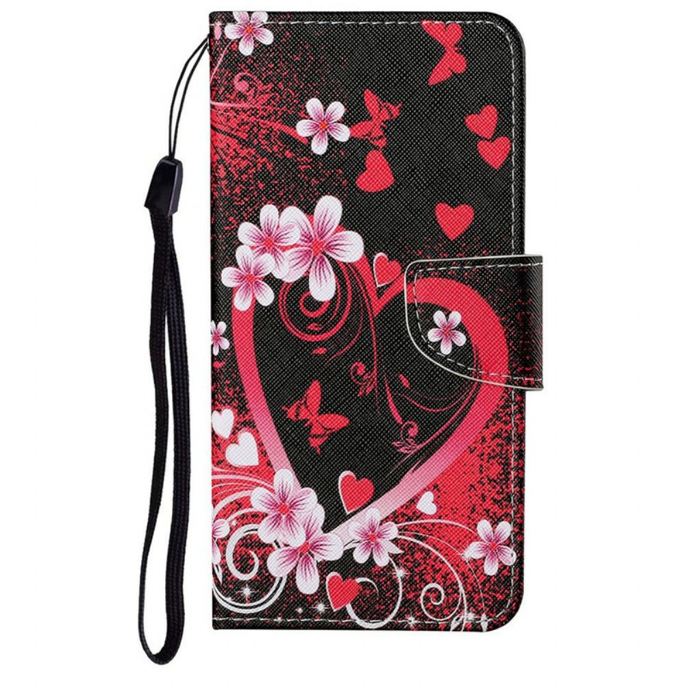 Folio-hoesje voor iPhone 13 Bloemen En Harten Met Lanyard