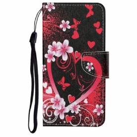 Folio-hoesje voor iPhone 13 Bloemen En Harten Met Lanyard