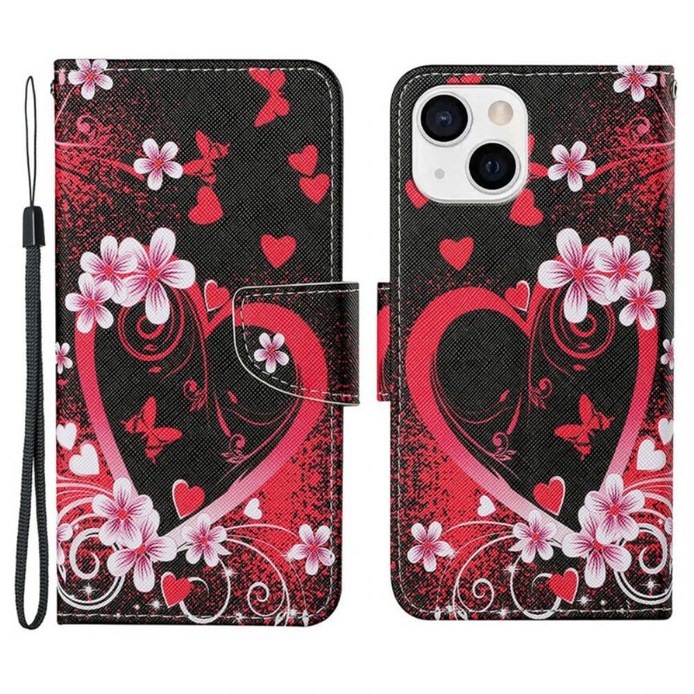 Folio-hoesje voor iPhone 13 Bloemen En Harten Met Lanyard