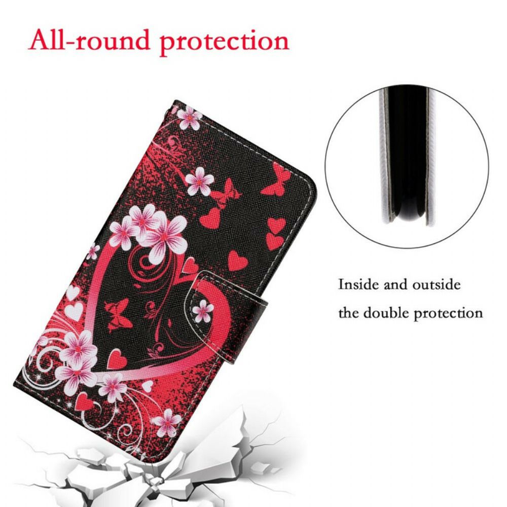 Folio-hoesje voor iPhone 13 Bloemen En Harten Met Lanyard