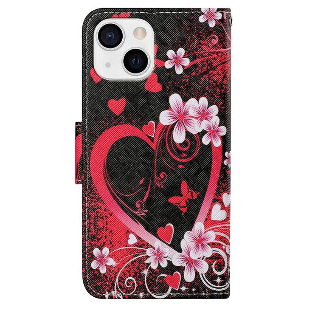 Folio-hoesje voor iPhone 13 Bloemen En Harten Met Lanyard