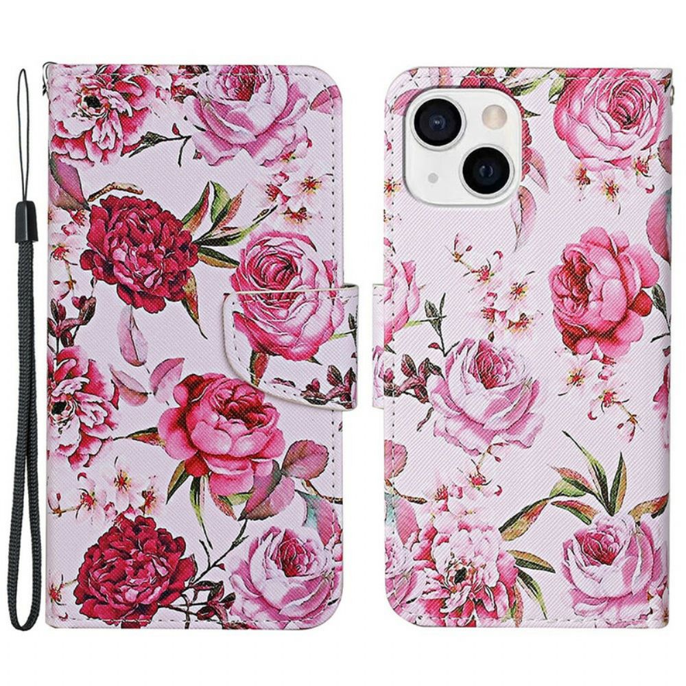 Folio-hoesje voor iPhone 13 Meesterlijke Bloemen Met Riem