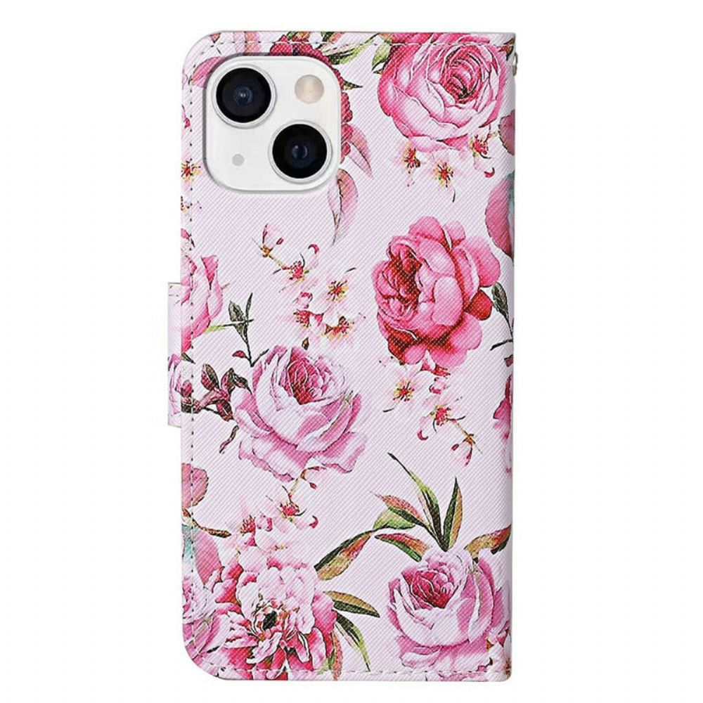 Folio-hoesje voor iPhone 13 Meesterlijke Bloemen Met Riem