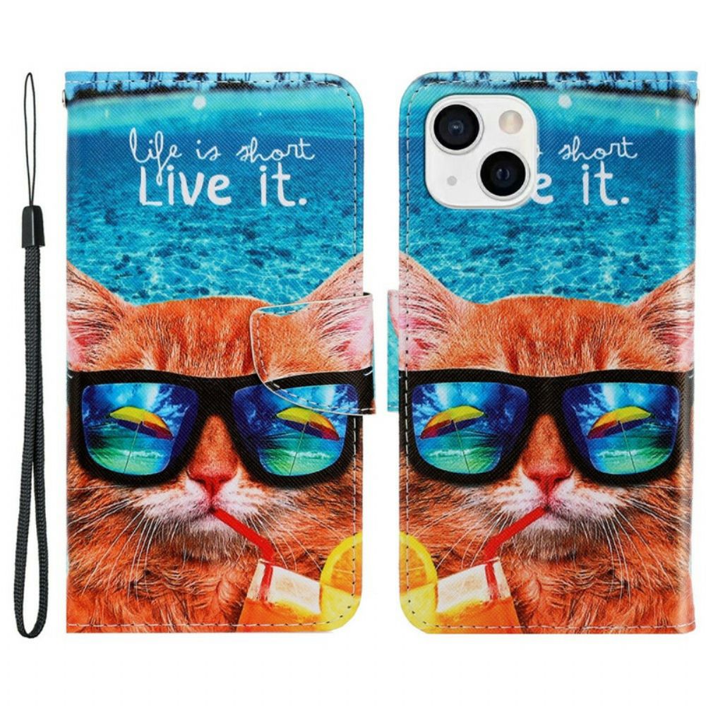 Folio-hoesje voor iPhone 13 Met Ketting Cat Live It Strappy