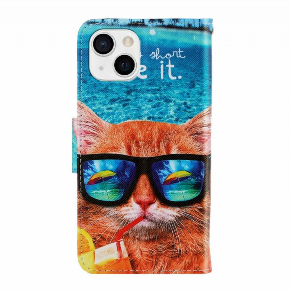 Folio-hoesje voor iPhone 13 Met Ketting Cat Live It Strappy