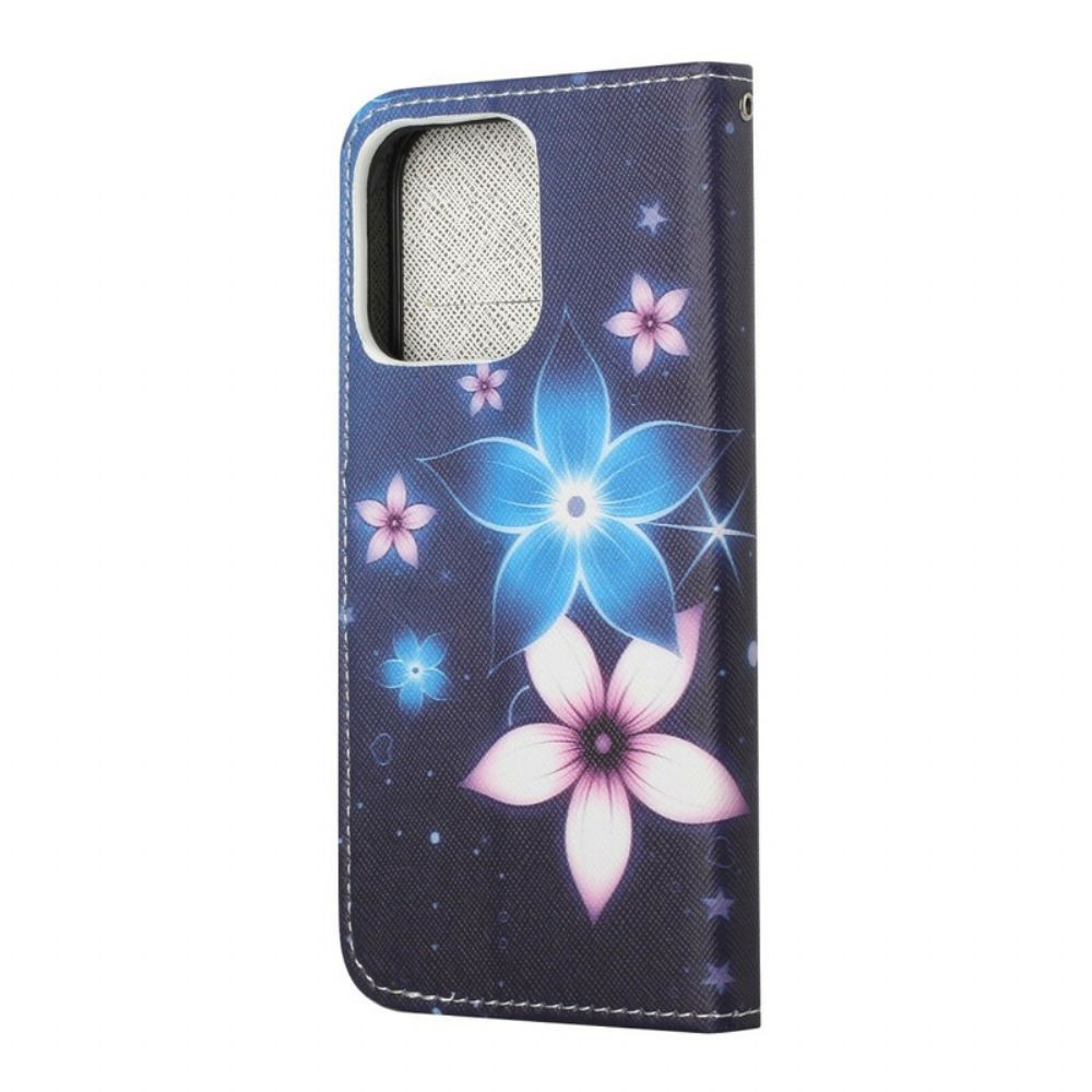 Folio-hoesje voor iPhone 13 Met Ketting Maanband Bloemen