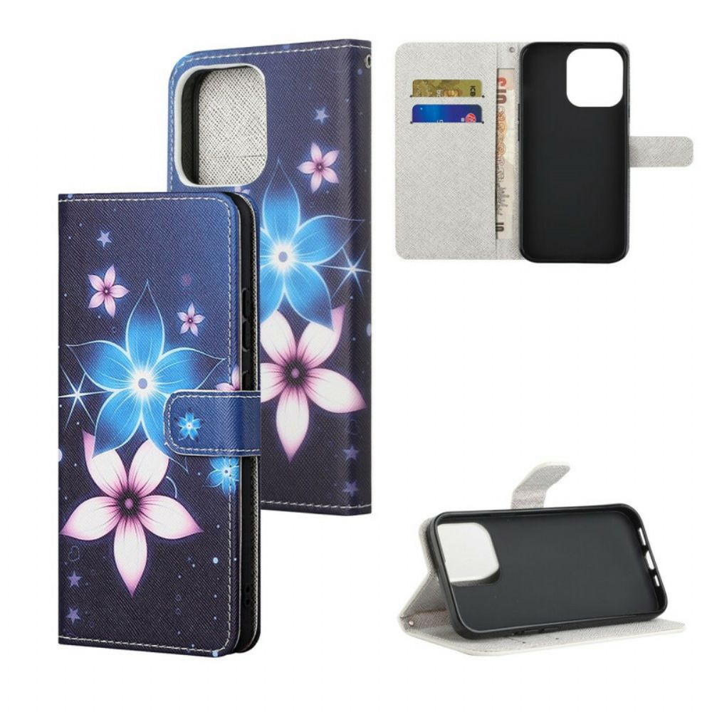 Folio-hoesje voor iPhone 13 Met Ketting Maanband Bloemen