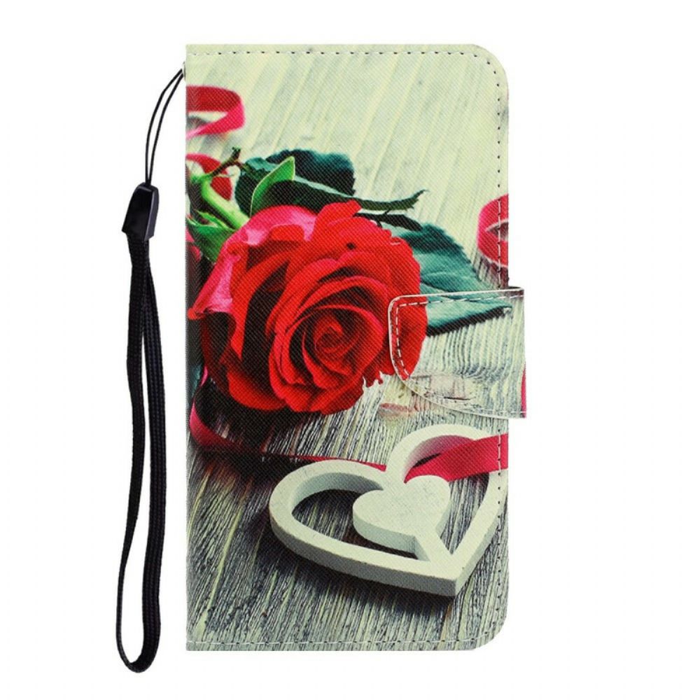 Folio-hoesje voor iPhone 13 Met Ketting Romantische Roos Met Bandjes