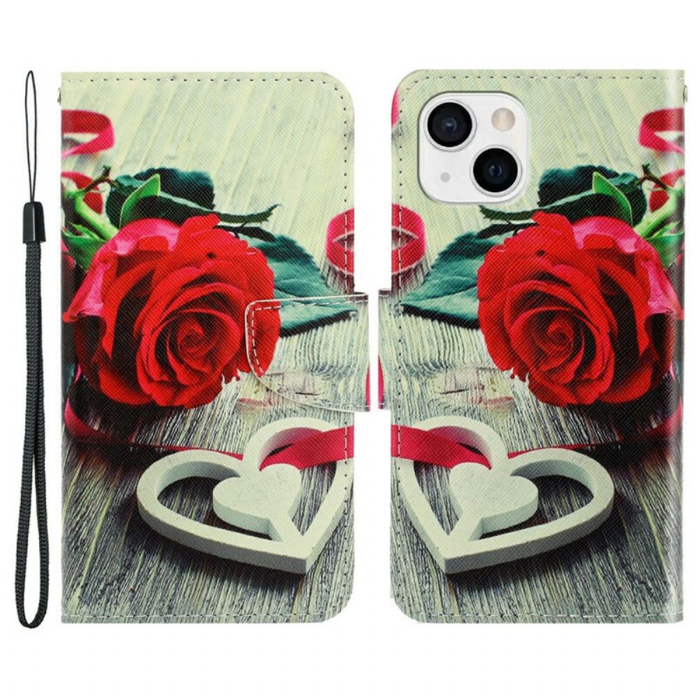 Folio-hoesje voor iPhone 13 Met Ketting Romantische Roos Met Bandjes