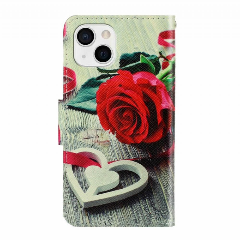 Folio-hoesje voor iPhone 13 Met Ketting Romantische Roos Met Bandjes