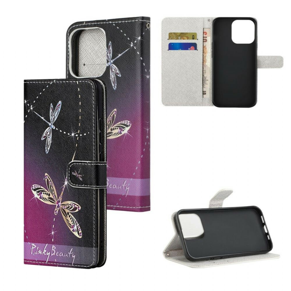 Folio-hoesje voor iPhone 13 Met Ketting Thong Libellen