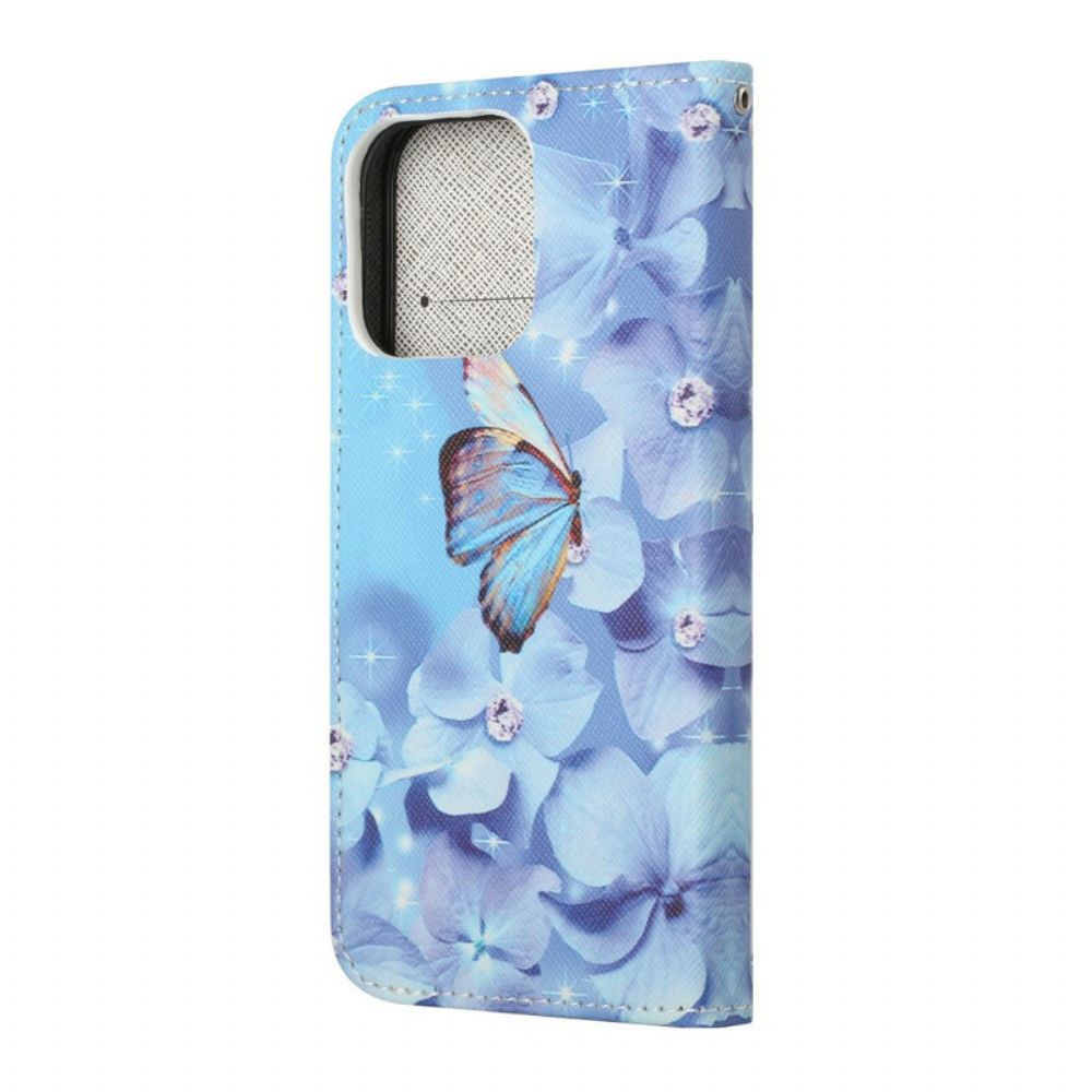 Folio-hoesje voor iPhone 13 Met Ketting Vlinders Met Diamanten Band