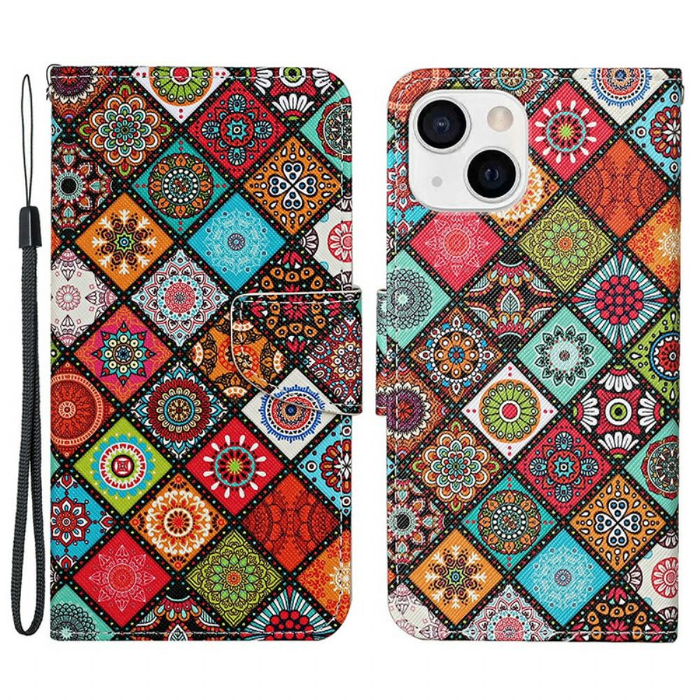 Folio-hoesje voor iPhone 13 Patchwork-mandala's Met Koord