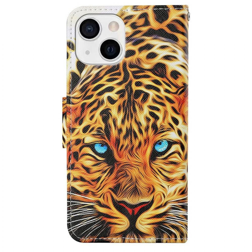 Folio-hoesje voor iPhone 13 Tijger Met Lanyard