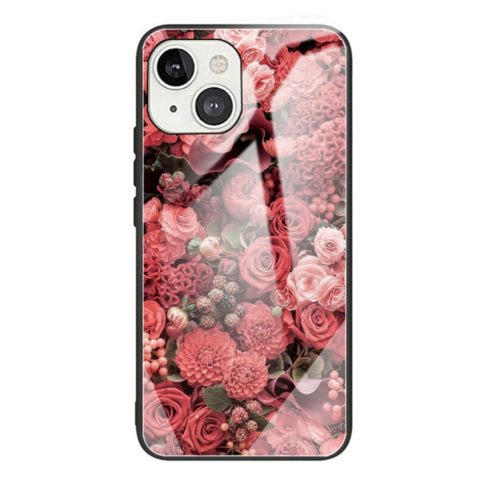 Hoesje voor iPhone 13 Gehard Glas Roze Bloemen