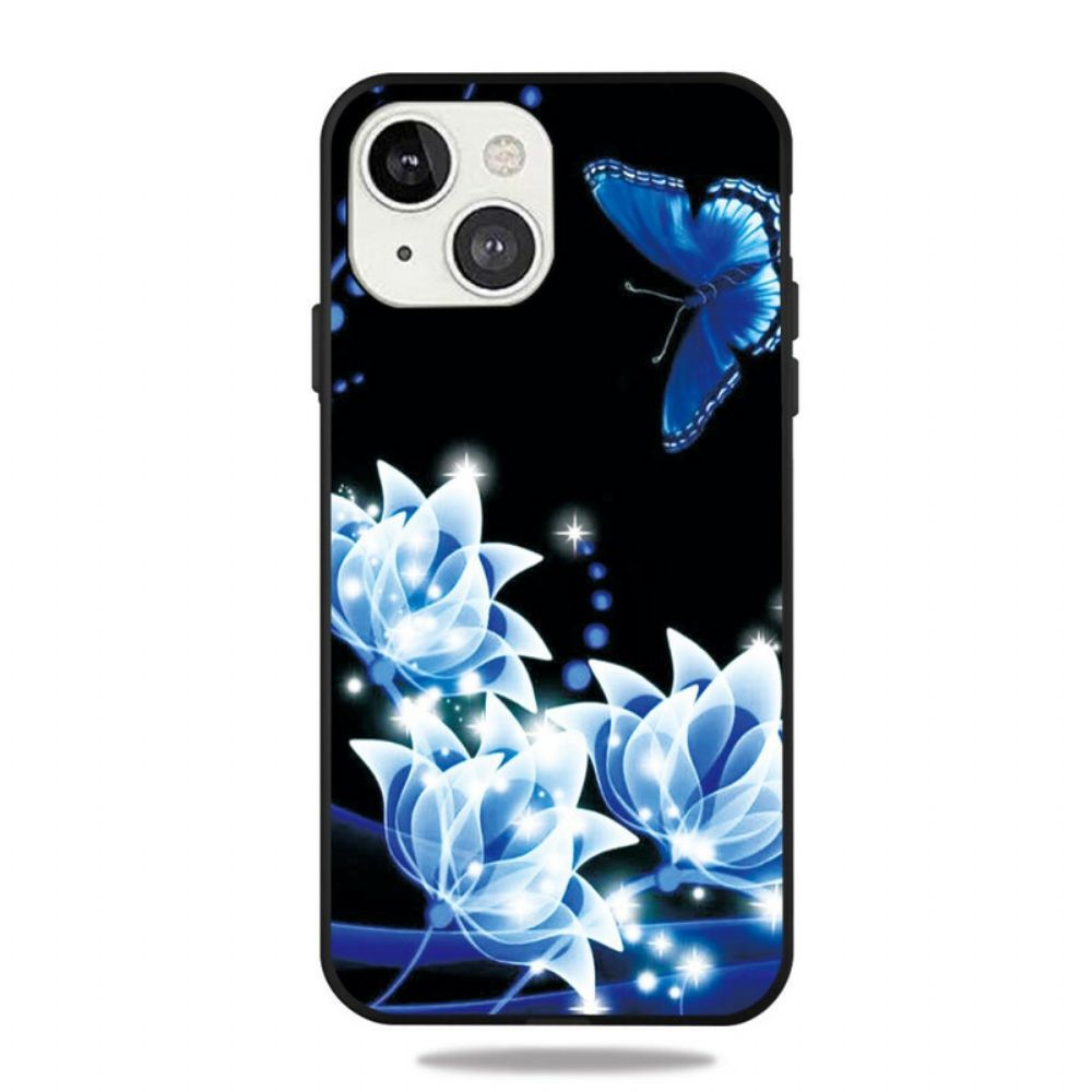 Hoesje voor iPhone 13 Vlinder En Blauwe Bloemen