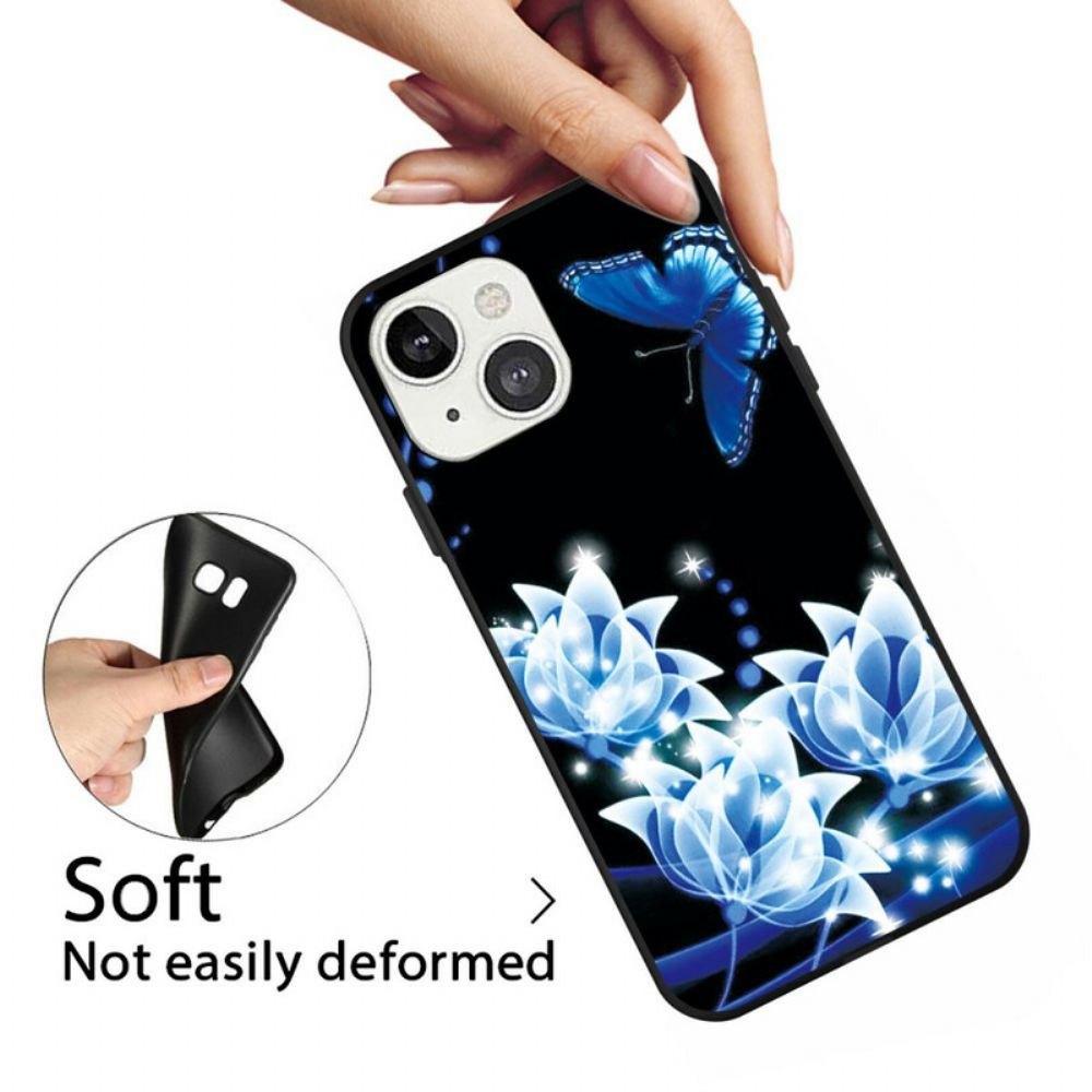 Hoesje voor iPhone 13 Vlinder En Blauwe Bloemen