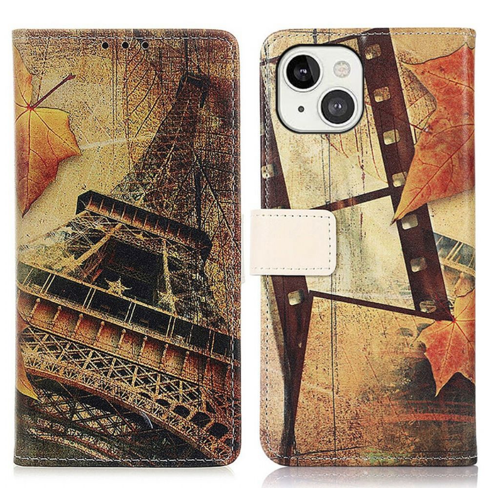 Leren Hoesje voor iPhone 13 Eiffeltoren In De Herfst