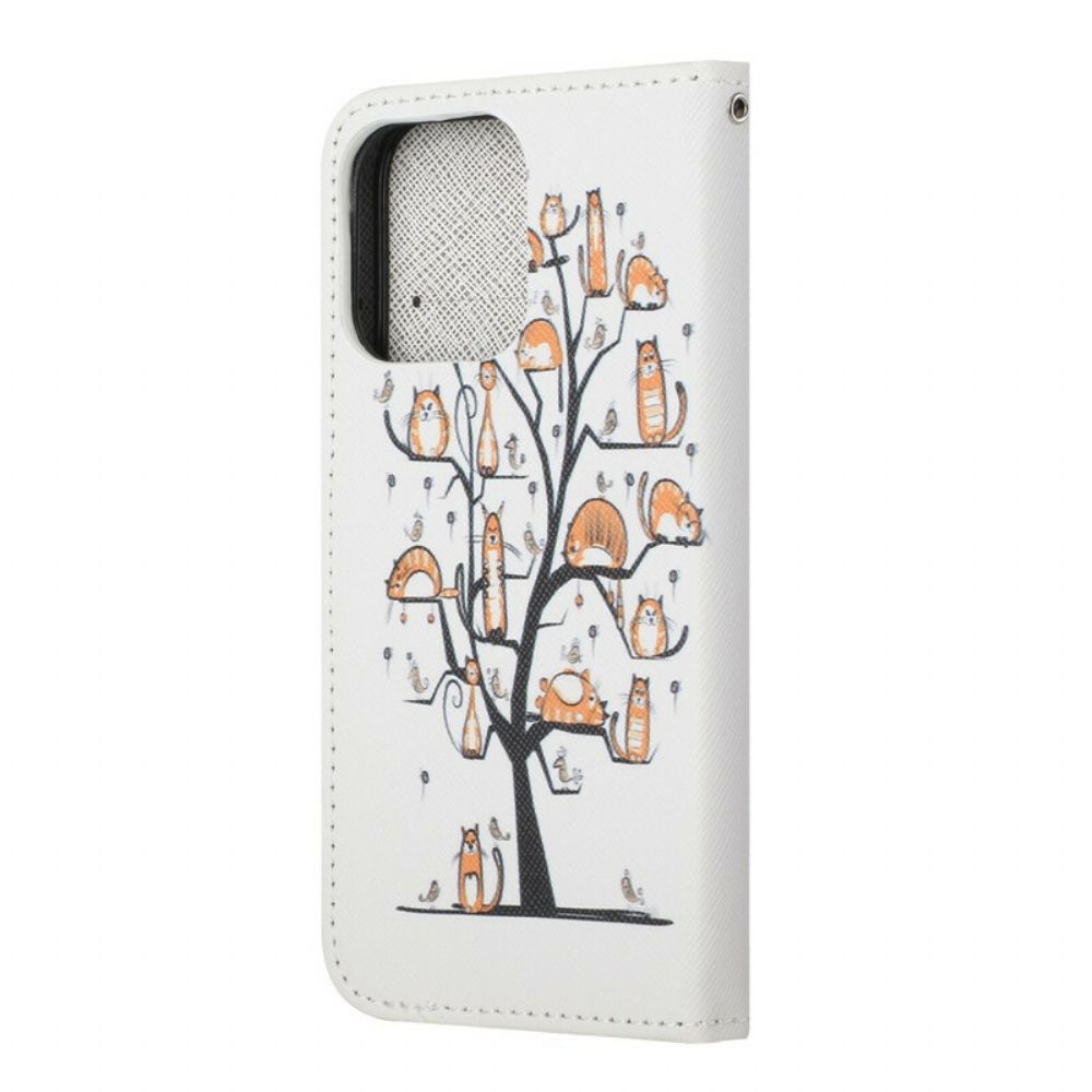 Leren Hoesje voor iPhone 13 Met Ketting Funky Katten Met Riem