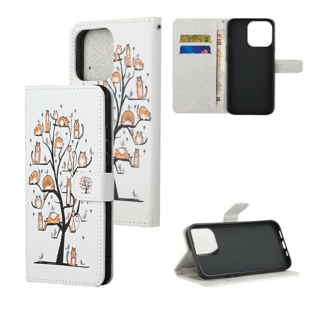 Leren Hoesje voor iPhone 13 Met Ketting Funky Katten Met Riem