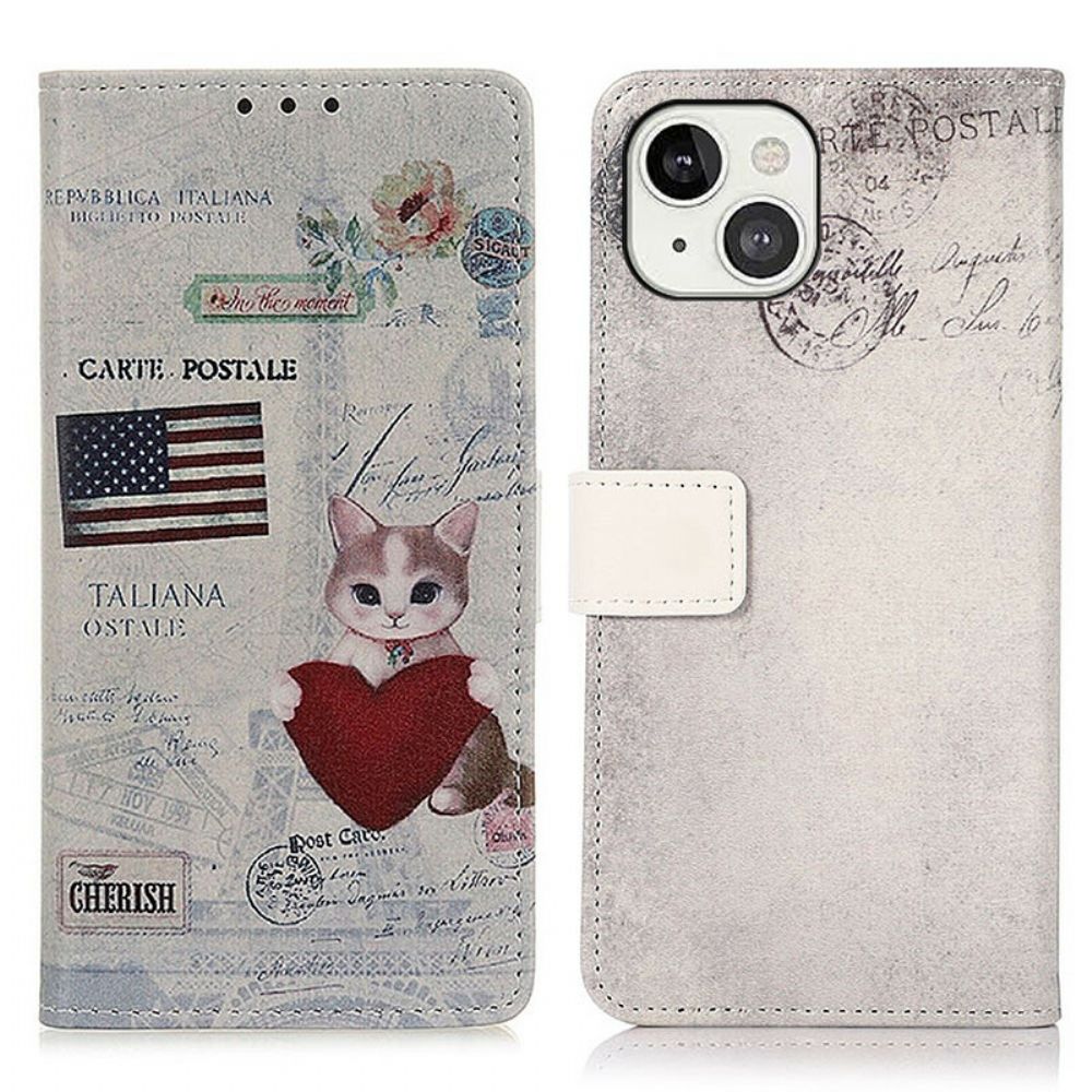 Leren Hoesje voor iPhone 13 Reizende Kat