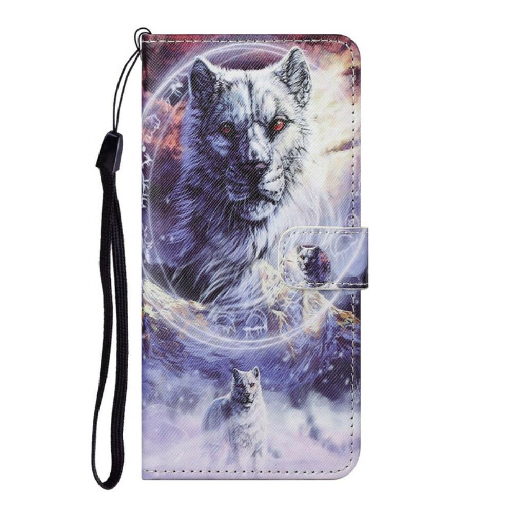 Leren Hoesje voor iPhone 13 Wolf In De Winter Met Koord