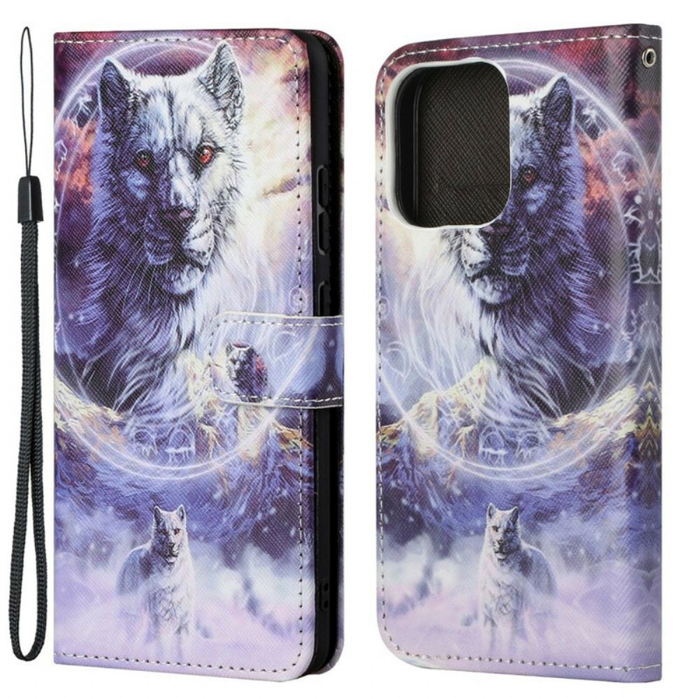 Leren Hoesje voor iPhone 13 Wolf In De Winter Met Koord