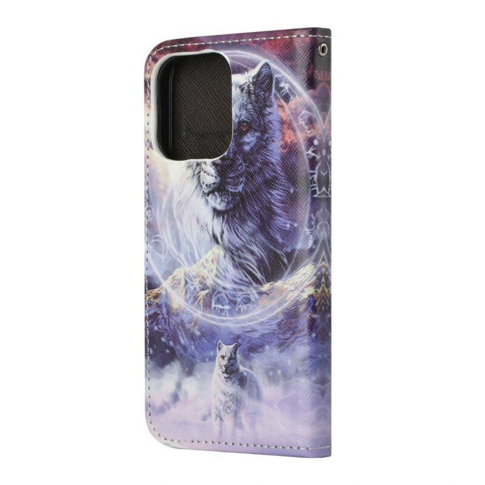 Leren Hoesje voor iPhone 13 Wolf In De Winter Met Koord