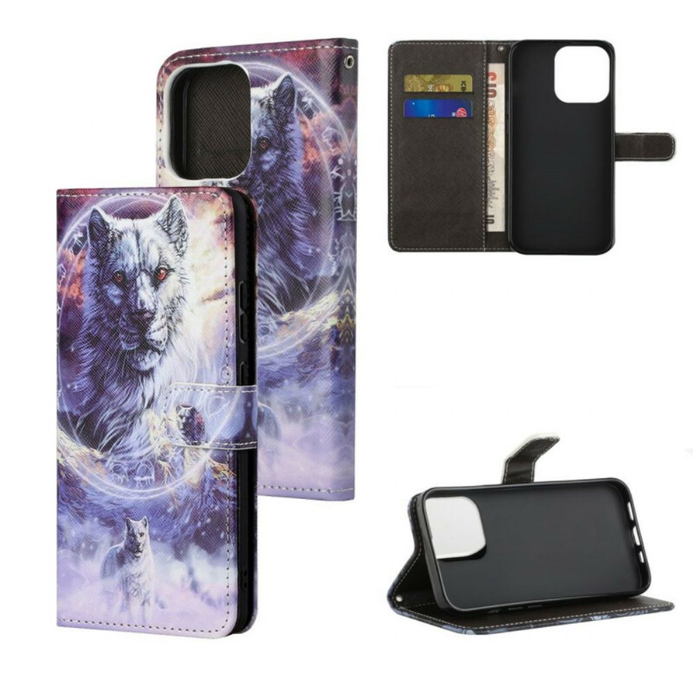 Leren Hoesje voor iPhone 13 Wolf In De Winter Met Koord