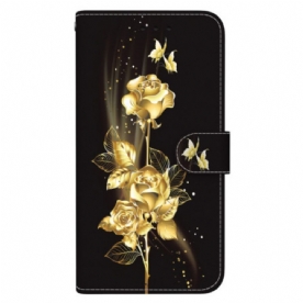 Flip Case Leren Oppo Reno 12f 5g Gouden En Roze Vlinders Met Riem