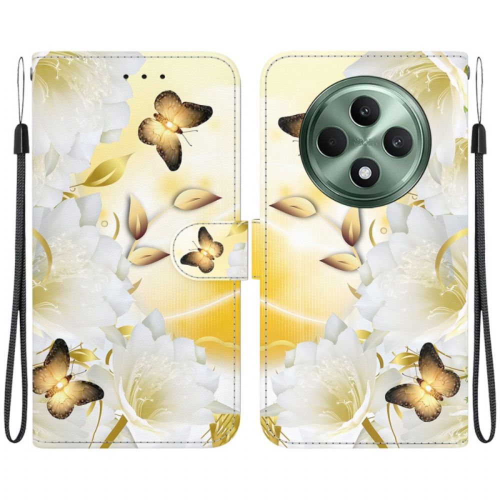 Flip Case Leren Oppo Reno 12f 5g Gouden Vlinders En Bloemen Met Riem