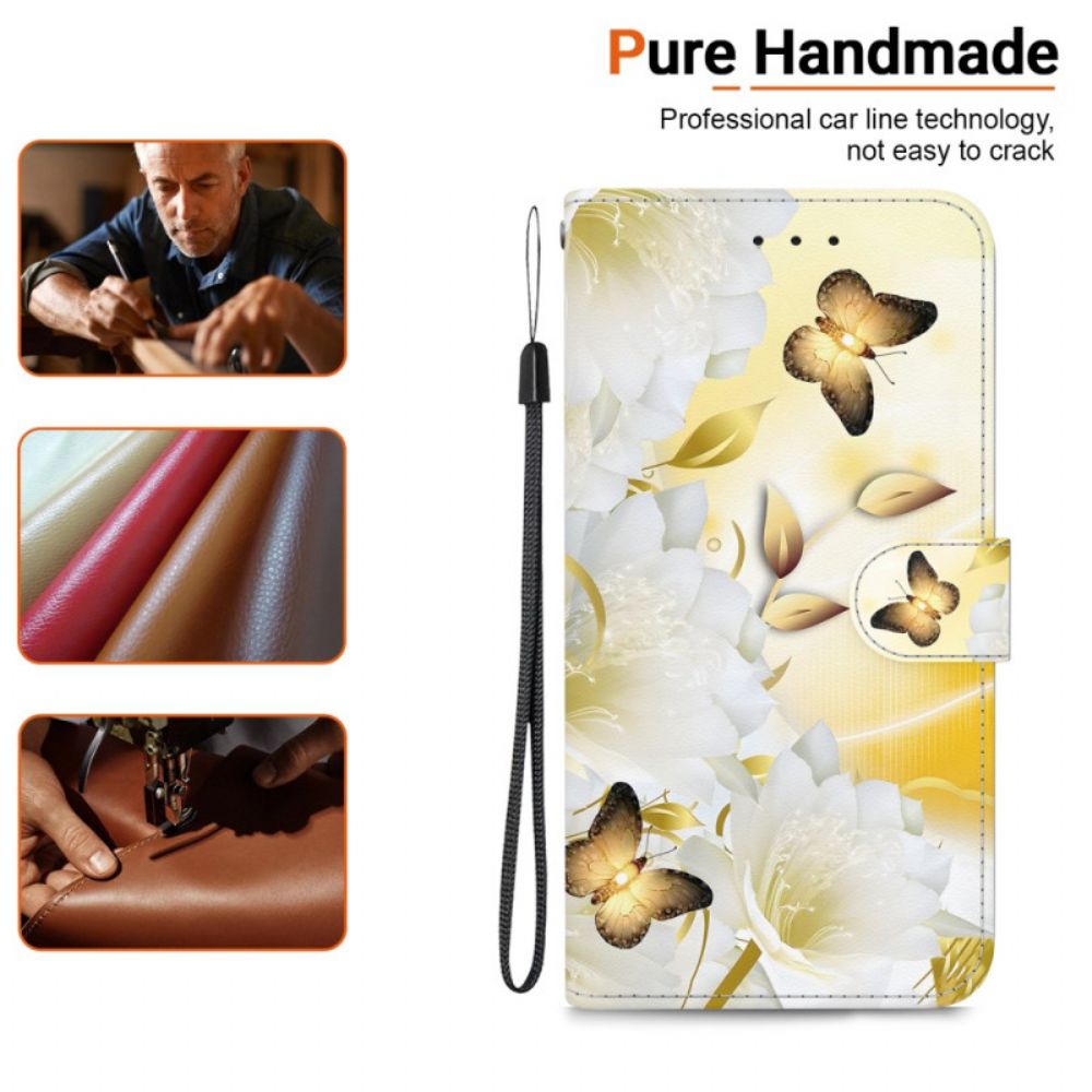 Flip Case Leren Oppo Reno 12f 5g Gouden Vlinders En Bloemen Met Riem